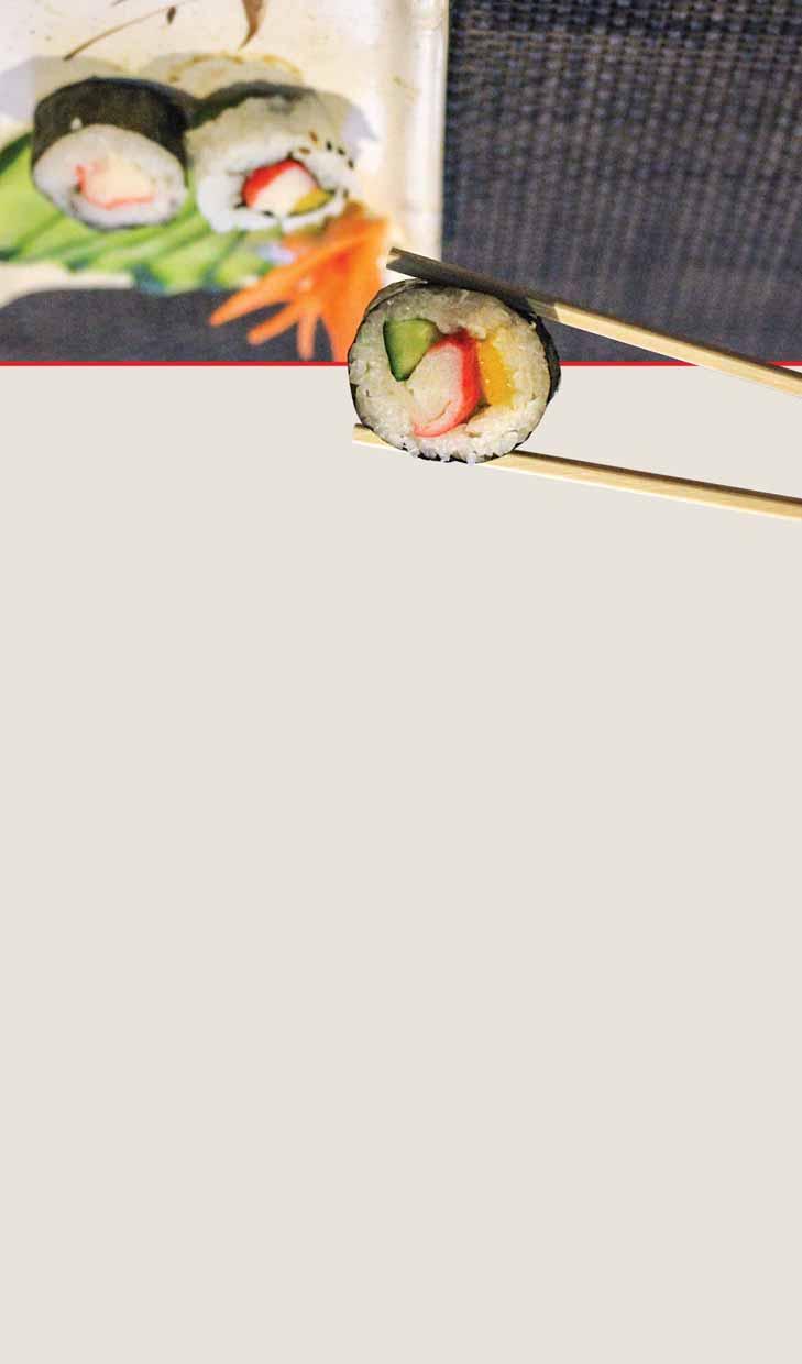Sushi 6 e 12 unidades Califórnia Arroz, kani, manga e pepino Camarão Arroz e camarão Kani Arroz e kani Pepino Arroz e pepino Salmão Arroz e salmão fresco Tradicional Arroz, cenoura, gengibre em