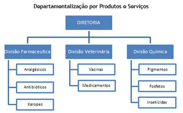 2. Departamentalização por produtos ou serviços: envolve diferenciação e agrupamento de atividades de acordo com o resultado da organização, isto