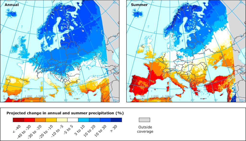 Projected changes in annual (left) and summer (right) precipitation (%) in the period 2071-2100 compared to the baseline period 1971-2000 for
