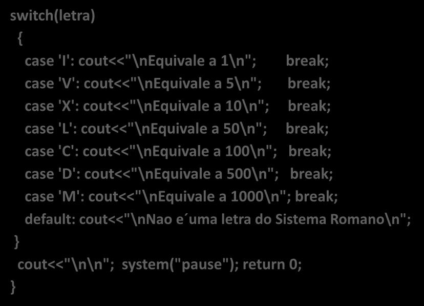 switch(letra) { case 'I': cout<<"\nequivale a 1\n"; break; case 'V': cout<<"\nequivale a 5\n"; break; case 'X': cout<<"\nequivale a 10\n"; break; case 'L': cout<<"\nequivale a 50\n"; break; case 'C':