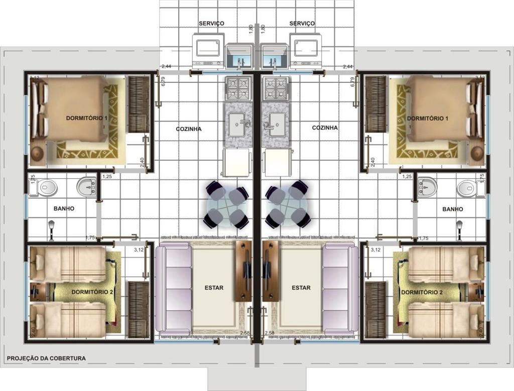 h: 42,18m²; Terrenos de 150m² por unidade; Aquecedor solar; Piso cerâmico, forro PVC Pintura interna e