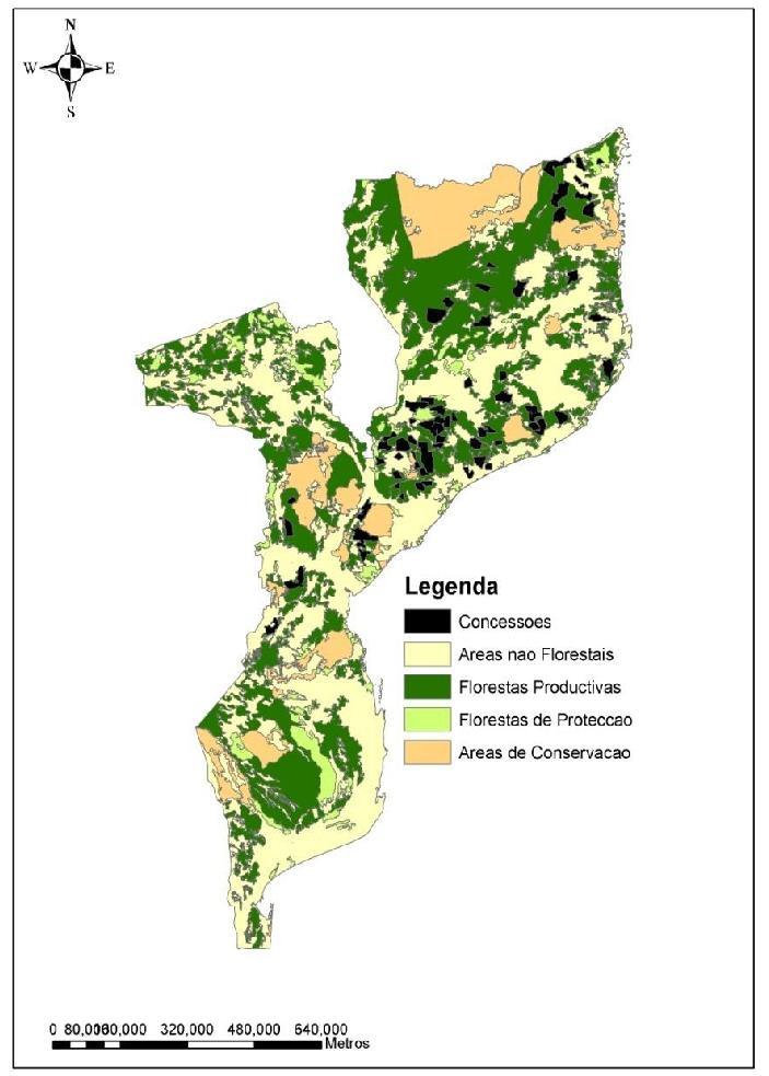 pelas províncias de Zambézia (25%), Sofala (24%), Cabo Delgado (15%) e Nampula (14%). No ano 2013, o número de concessões aumentou até 211 ocupando uma área de cerca de 8.