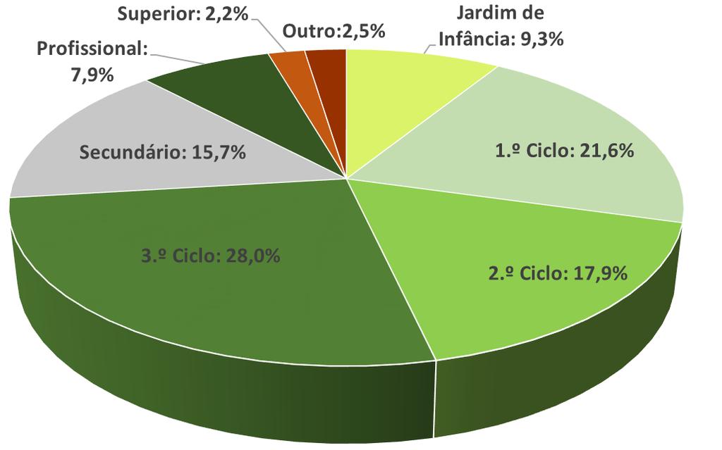 Graus de ensino do infantil ao superior Alunos por grau de ensino 2017/18 66 % dos alunos são do ensino básico 2,2% dos alunos são do ensino superior Total de