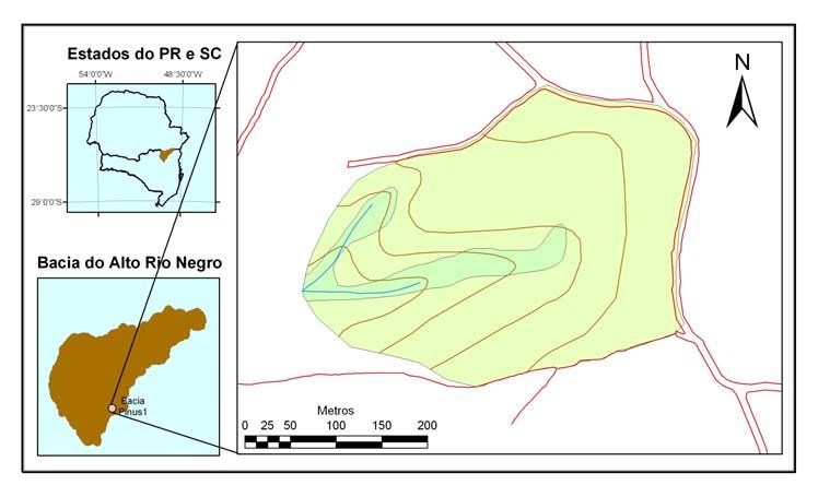 localizada no município de Rio Negrinho, SC. A vegetação predominante dessa bacia é o Pinus taeda (idade superior a 18 anos) com pequena faixa de vegetação nativa na zona ripária.