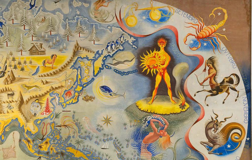 simbologias relativas aos quatro elementos e aos doze signos do zodíaco, No topo oposto, também em pintura a fresco, o mapa de Portugal com figuras alusivas aos usos e costumes do continente, desde a