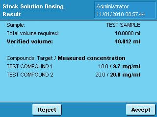 O aplicativo de Dosagem Q-App automaticamente ajusta o volume dos solventes ao peso dos compostos e determina a concentração final verificada de sua solução padrão baseada no peso do solvente