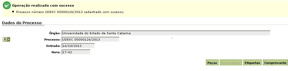 mensagem de sucesso. Clique em Peças para inserir o requerimento e o termo de compromisso.