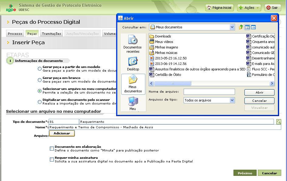 passo (), nomeando o arquivo que irá inserir, clique no Adicionar (3) conforme figura abaixo.