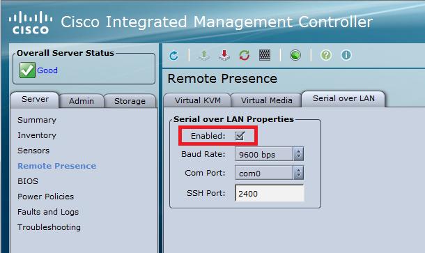 Início de uma sessão a CIMC, sob o server > presença remota > série sobre o LAN Permita a caixa de seleção, mudanças da salvaguarda.