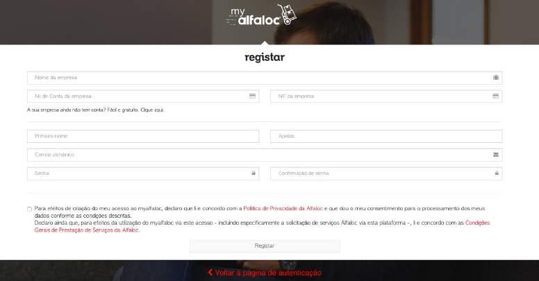 Na página de registo, tem de preencher todos os campos com informações válidas e aceitar a declaração de Política de Privacidade da Alfaloc assim como as Condições Gerais de Prestação de Serviços