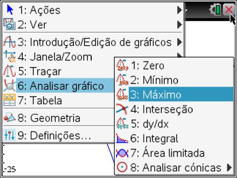 Adicionar uma página de Gráficos; Ao surgir a linha de entrada f1(x), introduzir a expressão 5,0 4,0 x 2,0 x2; Ajustar a janela, selecionando menu:, 4:Janela, 1:Definições da janela e introduzir os