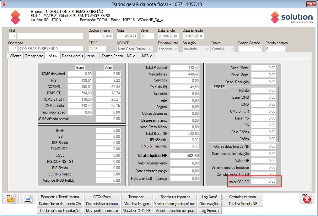 24 de 53 Módulo Estoque => Principal => Notas => Emissão de Notas (1076): O FCP ST também será calculado na emissão de notas, quando configurado na Tabela de Tributação Rotina 1017, um produto com