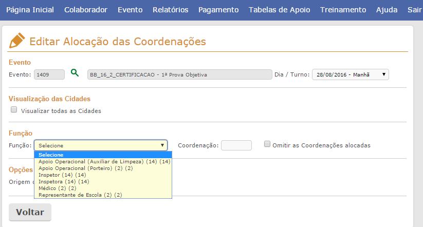 Coloque o curso do mouse sobre a opção Evento > Convocação do Evento Alocação das Coordenações.