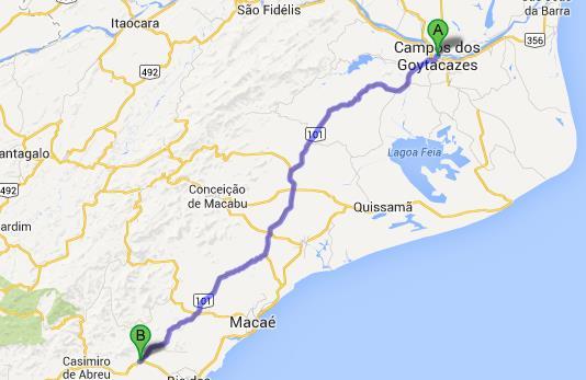 FIGURA 1 - Mapa Demonstrativo do trecho estudado (BR-101/RJ) Fonte: Site Google mapas, https://maps.google.com.br/maps?