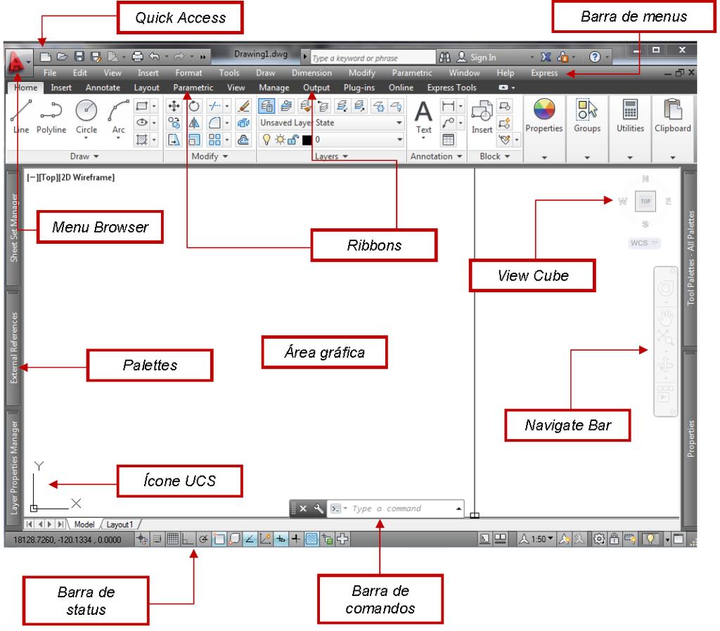 Interface gráfica do usuário A Interface gráfica do usuário do AutoCAD é formada por uma série de elementos, esses
