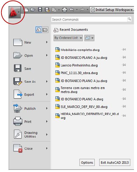 O Menu Browser também conhecido como Application Menu permite buscar comandos assim como encontrar os comandos essenciais como criar um novo arquivo, salvar, abrir, exportar, plotar e publicar.