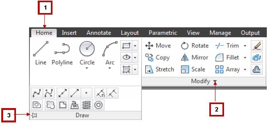 Insert Annotate Layout Parametric View Manage Output Plug-ins Online Express Tools (na versão FULL) Outras surgem de acordo com o objeto que se está manejando, como imagens, blocos, etc.