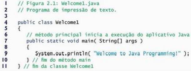 Criação de Programa Java inicial Comentários: Todo programa Java consiste em pelo menos uma classe que você define.