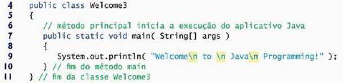 Entrada e Saída de dados em Java Exibindo múltiplas linhas de texto com uma única instrução Comentários: O comando na linha 9 pode ser também escrito como abaixo: A sequência de escape \n no string