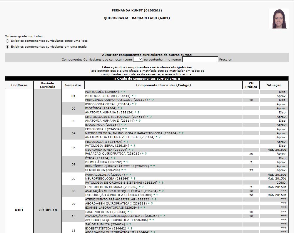 Ao clicar no componente curricular, lista todas as turmas alocadas para o período informado Informa se o