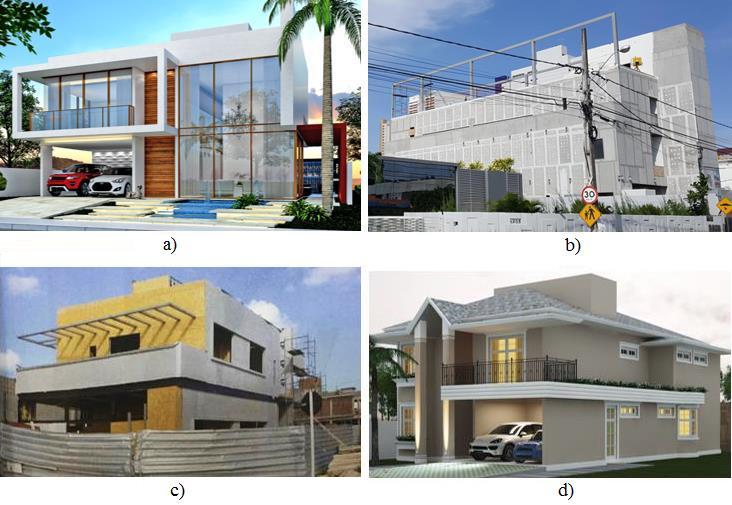 Cabedelo, durante a fase de revestimento externo, também já foi entregue; por fim a Figura 4.d apresenta a maquete eletrônica de uma residência em João Pessoa, atualmente na etapa de fundação.