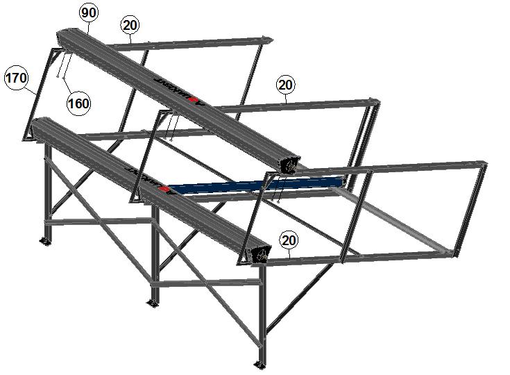 10º 1 ) Fixe o manifold (90) nos pés frontais (20) e nos suportes traseiro do Double Deck (170) com as porcas (160).