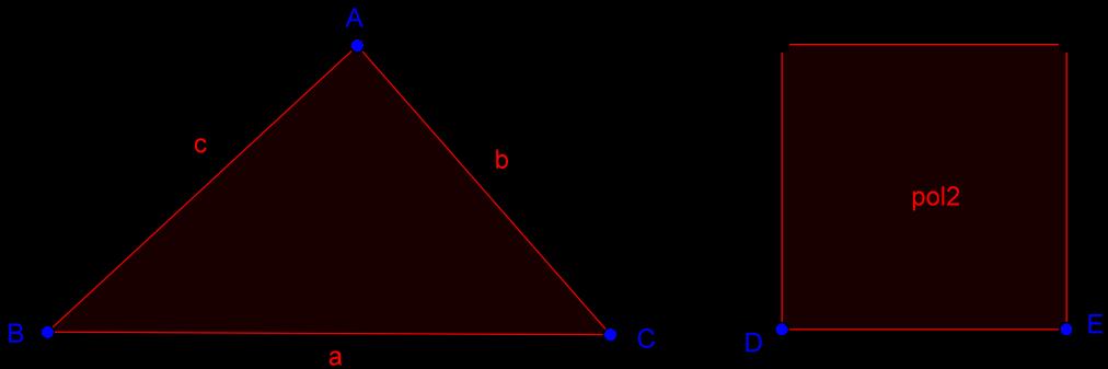 Figura 3 Quadrado de mesma área. Agora, seleciona-se a ferramenta Área, clica-se sobre o Triângulo e sobre o Quadrado, definindo-se, assim, os Textos com as medidas das Áreas de cada Polígono.