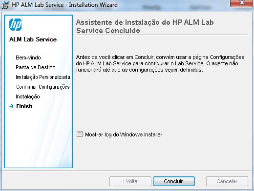 Capítulo 18: Lab Service 6. Após a conclusão da instalação, a caixa de diálogo Configurações HP ALM Lab Service é aberta com a tela Concluir.