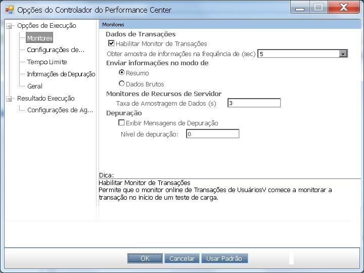 Capítulo 3: Configurações de Projeto Caixa de diálogo Opções do Controlador do Performance Center Essa caixa de diálogo permite configurar opções globais de Controlador para o seu projeto do