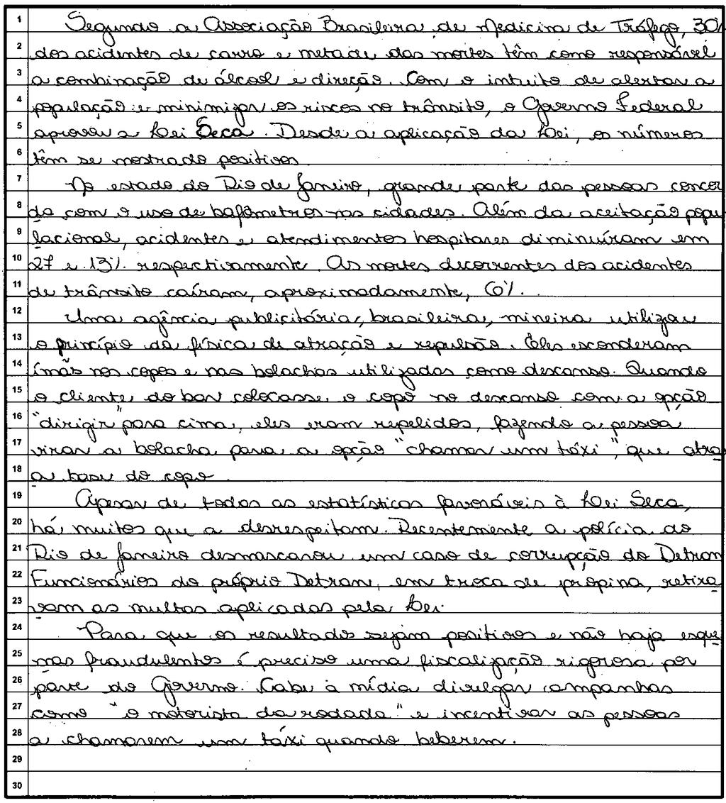 107 Redação 5 (R5) O percurso argumentativo deste texto tem início com a contextualização do leitor por meio da apresentação do assunto associação entre álcool e direção, da apresentação do tema