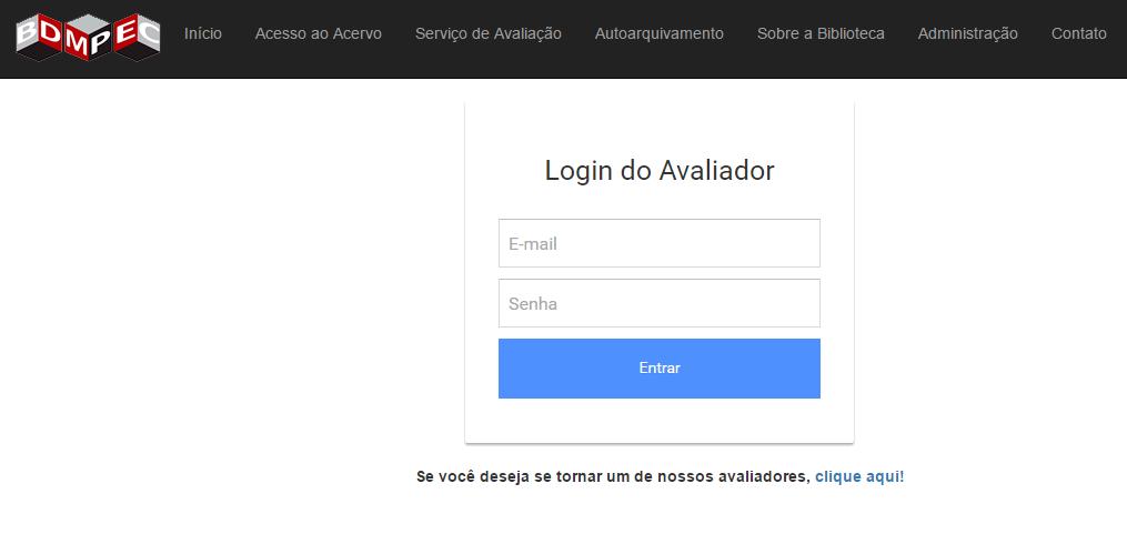 Ao acessar a opção "Serviço de Avaliação" do menu principal, é apresentada uma tela de login do usuário