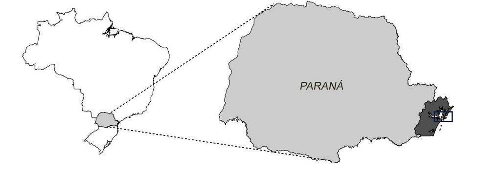 Figura 1: Mapa da baía de Paranaguá. Os pontos no mapa indicam as áreas de coleta, ao longo do eixo Leste-Oeste do Complexo Estuarino de Paranaguá (CEP).