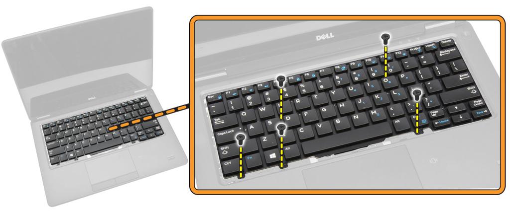 5 Execute as etapas a seguir, conforme mostradas na ilustração: a Retire o teclado para soltá-lo do computador [1]. b Remova o teclado do computador [2].