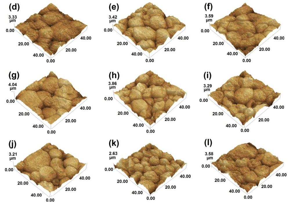 76 Figura 18: Imagens NC-AFM: (d) amido de mandioca mais amido de batata-1:1, (e) amido de mandioca mais amido de batata doce-1:1, (f) amido de batata mais amido de batata doce-1:1, (g) amido de