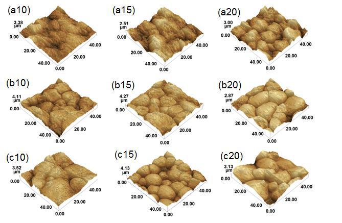 78 Figura 19: Imagens NC-AFM: (a10) amido de mandioca 10% de umidade, (a15) amido de mandioca 15% de umidade, (a20) amido de mandioca 20% de umidade, (b10) amido de batata doce 10% de umidade, (b15)