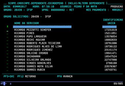 No caso do servidor já possuir dependentes, estes aparecerão nesta tela, para adicionar um novo dependente, pressione F12 no teclado.