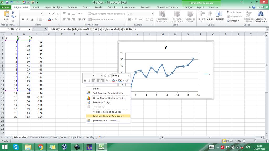 Gráfico de Para o tipo específico de gráfico de é possível representar um conjunto de observações por uma função matemática contínua através de uma linha de tendência.