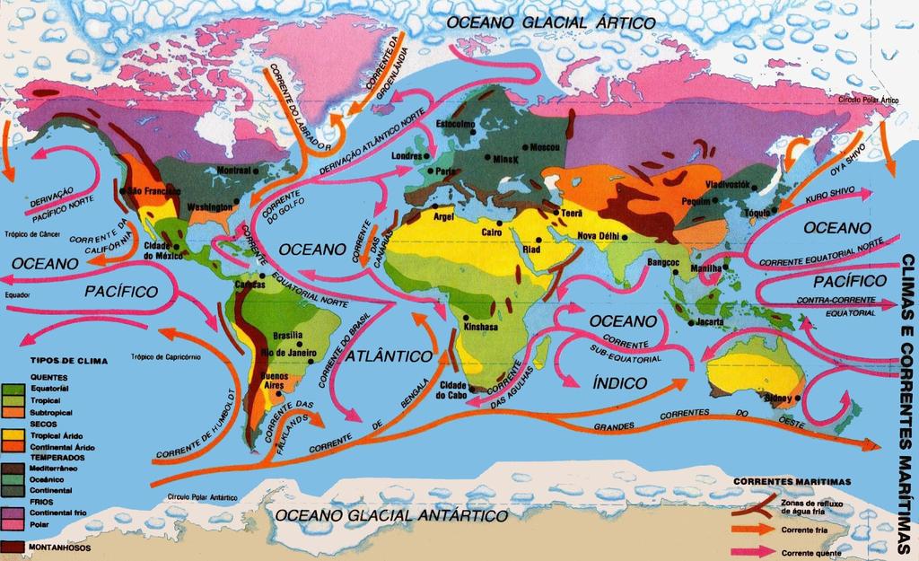 CAPÍTULO 2. REVISÃO DA LITERATURA 17 Figura 2.2: Clima e correntes marítimas no Mundo, (Conceicao 2010). Figura 2.3: Distribuição do fluxo médio de energia das ondas em kw/m ou MW/h, (greenenergy 2016).