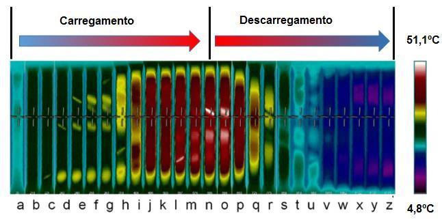 Figura 30: Imagem termográfica obtida durante o ensaio cíclico de um corpo de prova superelástico de NiTi. Fonte: (Zhang et al. 2010).