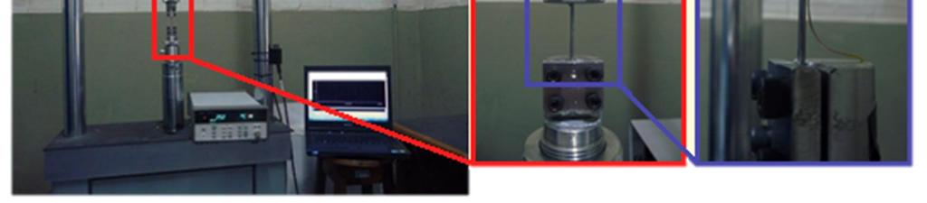 A montagem experimental utilizada durante esses ensaios pode ser observada na imagem da Figura 41. Figura 41: Montagem experimental. (a) Visão geral. (b) Fio NiTi nas garras da máquina MTS.