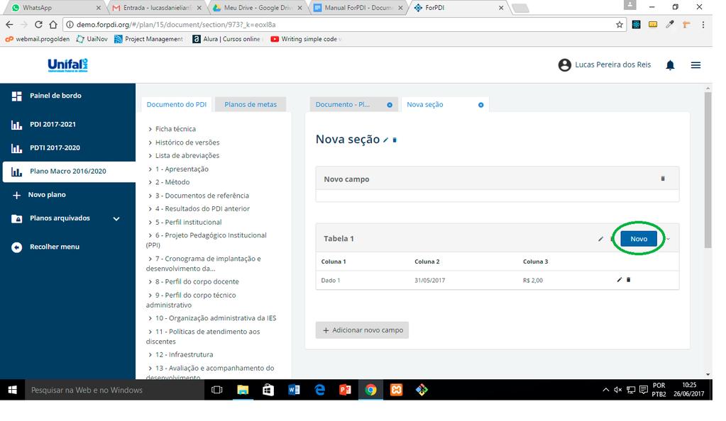 13 - Manter informações seções/subseções Inserir informações Nível de Permissão: Administrador e Gerente Para inserir informações nas seções e subseções, é necessário, primeiramente, realizar os