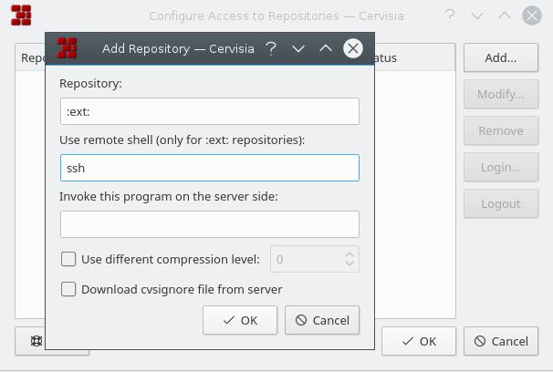 Figura 2.1: Uma imagem da janela Configurar o Acesso aos Repositórios do Cervisia Nem todos esses itens (o utilizador, senha, máquina ou porto) são sempre necessários para aceder ao repositório.