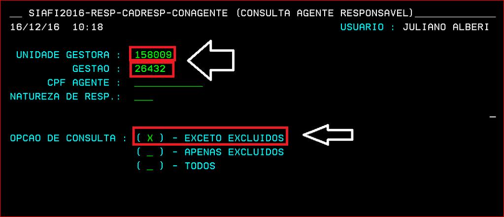 4. CONSULTANDO AGENTE RESPONSÁVEL DE UMA UG Através da transação >CONAGENTE pode-se consultar os agentes de uma unidade, e também, INCLUIR, ALTERAR E EXCLUIR um agente.