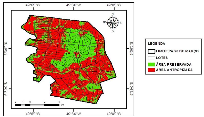 Na Figura 6 é possível visualizar a disposição espacial dos lotes juntamente com as áreas preservadas e as áreas antropizadas no PA 26 de março.