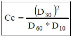 O Coeficiente de curvatura (Cc) foi determinado com base na seguinte fórmula: Onde: D60 é o diâmetro de grão correspondente aos 60% mais finos na curva granulométrica.