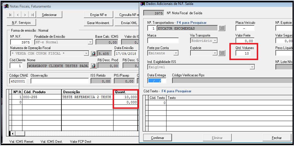Descrição: Ao tentar realizar o envio de uma nota fiscal eletrônica, a quantidade lançada no campo Volume estava incorreta, de acordo com o print abaixo: Solução: No