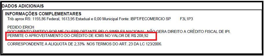 5. Solicitação: 2526/108346. Problema: Danfe não apresenta mensagem Permite o aproveitamento do crédito de ICMS no valor de R$ [.