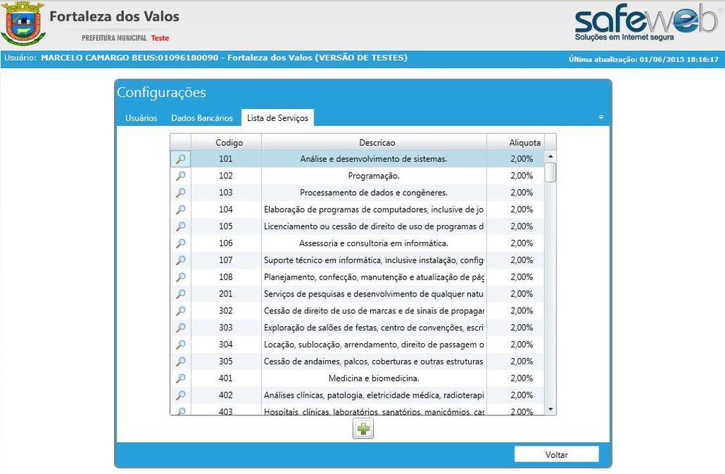 Preencha todos os campos disponíveis, como mostra a figura acima e salve. No item, Alíquota, ficam as alíquotas da Prefeitura, que é o cadastro utilizado para geração de NFSe.