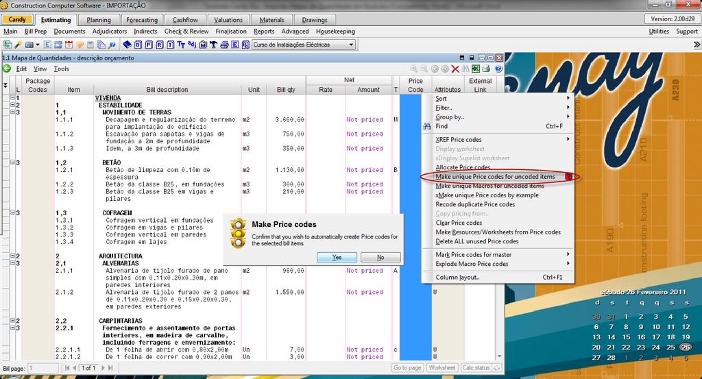 h) Clicar com o botão direito do rato sobre Code e escolher a opção Make unique Price codes for uncoded items, para que os códigos sejam criados e que todos os restantes artigos fiquem,