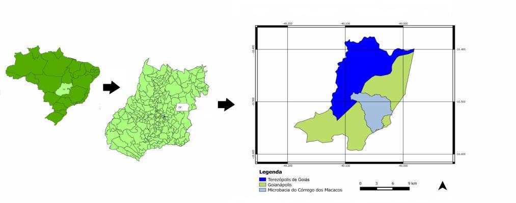 MATERIAL E MÉTODOS Caracterização da área de estudo A microbacia do Córrego dos Macacos está localizada dentro dos limites dos municípios de Terezópolis de Goiás e de Goianápolis (Figura 1), entre as